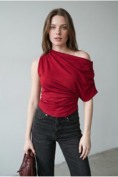 Madmext Burgundy One-Shoulder Modern Cut Stylish Women's Blouse Mg2669