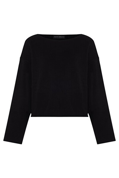 Beauty Omelette Siyah Kayık Yaka Oversize Sweatshirt