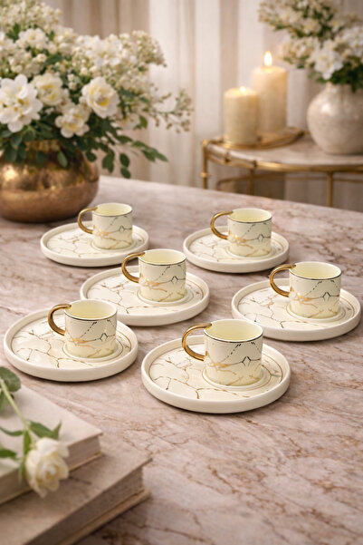 YzHome 6 Kişilik 12 Parça Porselen Yaldızlı Kahve Fincan Takımı Seti Sunum Ta...