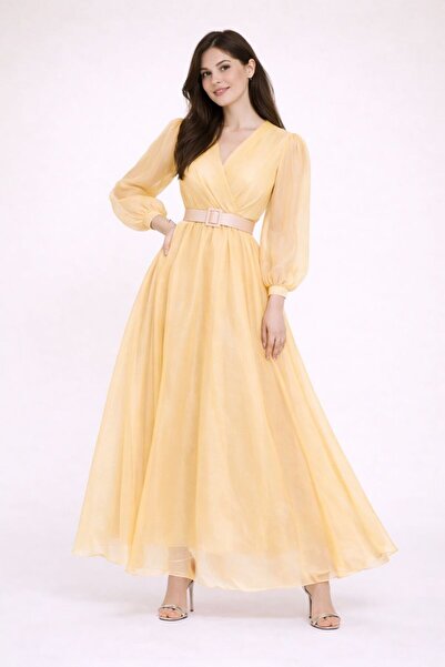 Kureyzibies Women's Belt Detailed Tulle V-Neck Evening Dress