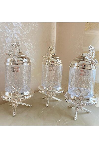 AZADE BAKIR Silver Brass Japongül Luxury Cracked Glass Jar with Stands, Set of 3