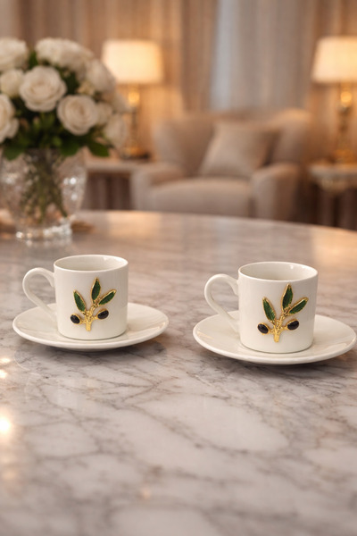 YzHome 2-Person Porcelain Olive Branch Coffee Cup Set Presentation Cup 90ml