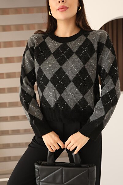 İgnites Gray Baklava Patterned Sweater-İgni̇tes-00032