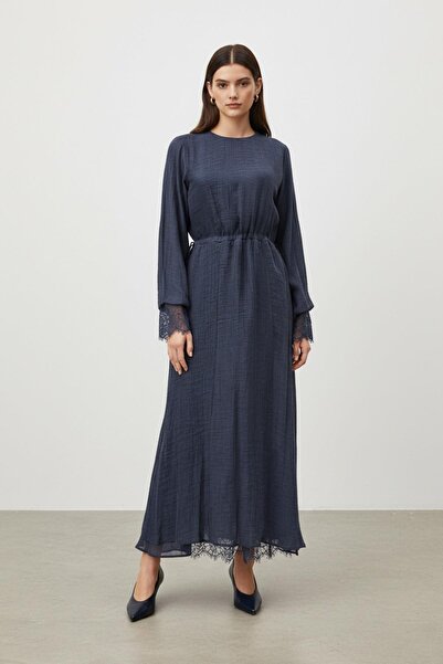 Soul Women's Belted Lace Detailed Long Dress-32466Elb - Navy