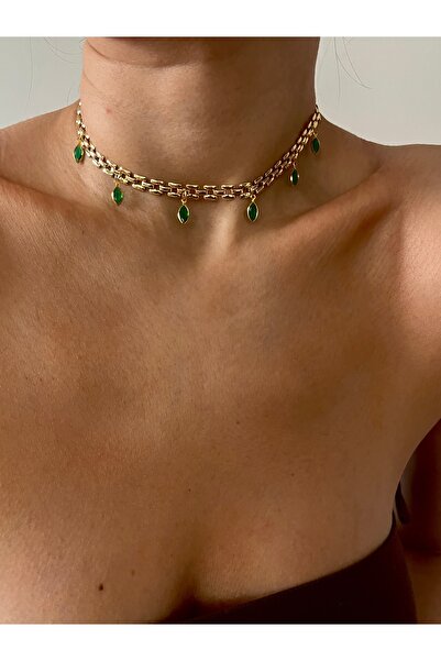 Hoop jewelery yeşil taşlı örme choker