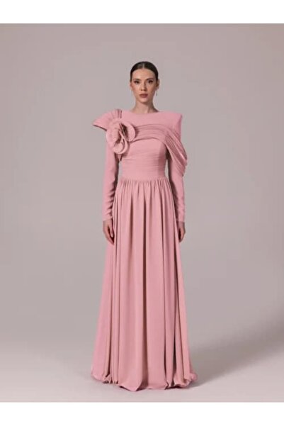 Hanımefendi Giyim Flared Hijab Evening Dress with Floral Detail on the Shoulder