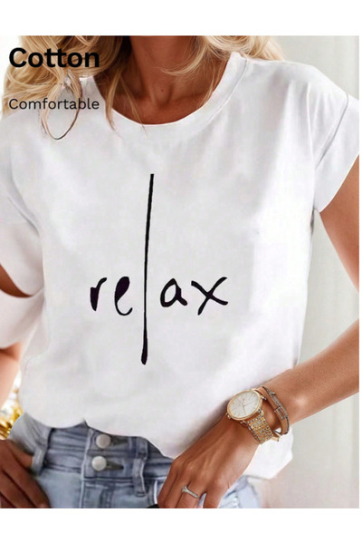 ALCİNOUS Cotton Printed White Crew Neck Basic T-Shirt