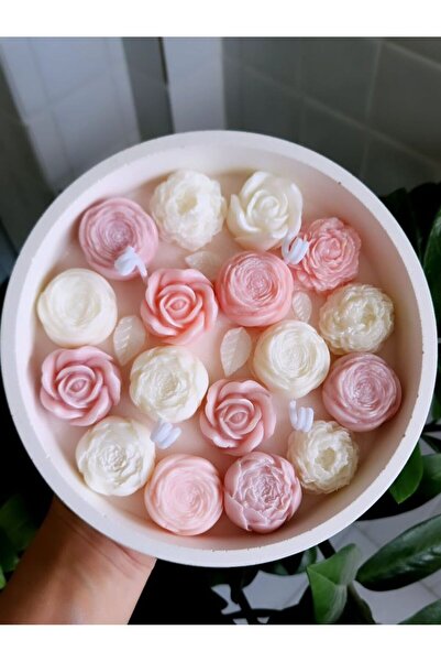 Çiçek Desenli Soya Mum – Romantik Pembe-Krem Renkli Dekoratif Hediyelik Mum