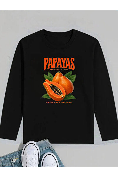 ELNOYA قميص أسود برقبة دائرية مطبوع عليه البابايا، يتميز بملمس قابل للتنفس وي...