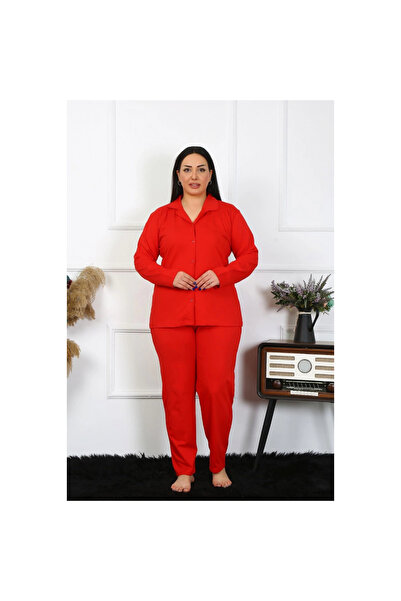 Narnuga Mi̇ray- Women's Plus Size Cotton Pocketed Buttoned Red Pajama Set