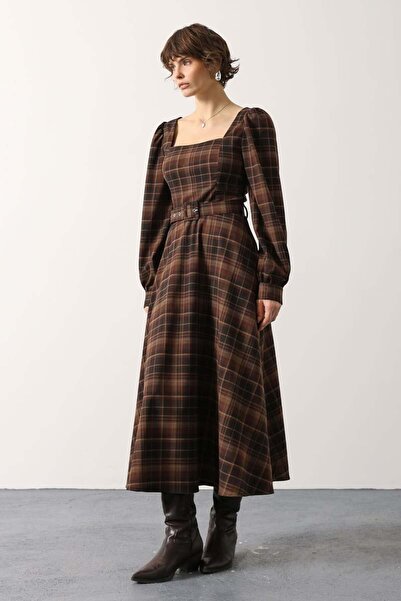 vuvutasarım Square Collar Belted Gift Plaid Women's Dress 35551