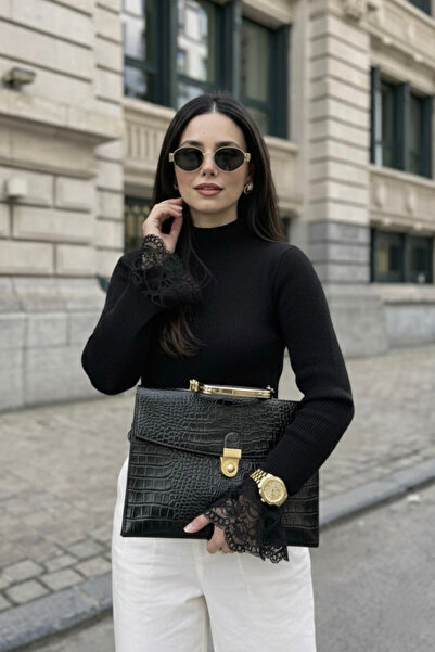 oshebu Black - Women's Stand Collar Blouse with Lace Detail on Sleeves