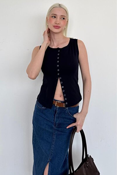 Madmext Navy Blue Crew Neck Buttoned Women's Blouse Mg2638