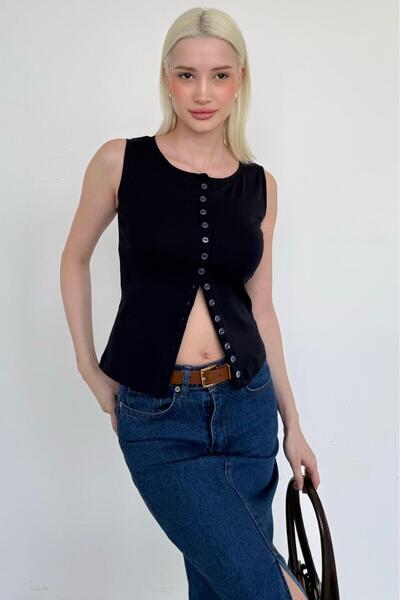 Madmext Navy Blue Crew Neck Buttoned Women's Blouse Mg2638