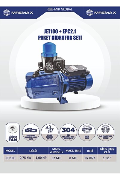 İBELTECH JET100 + EPC2.1 BAKIR ALAŞIMLI KENDİNDEN EMİŞLİ POMPA HİDROFOR SETİ ...