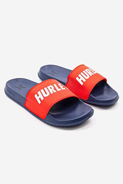 Hurley Men Brand Logo Print Slip,On Slides, Red and Blue
