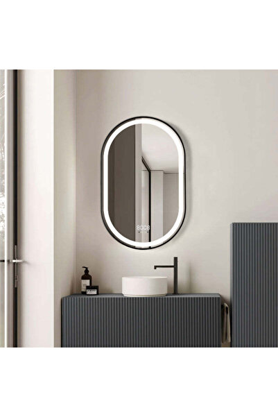 RFAN Oglindă LED 60×80 cm cu ramă neagră, senzor de mișcare, antiaburire