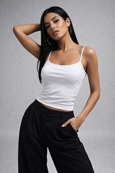 WILD BEE Women's White Slim Fit Crew Neck Strappy Crop Tank Top