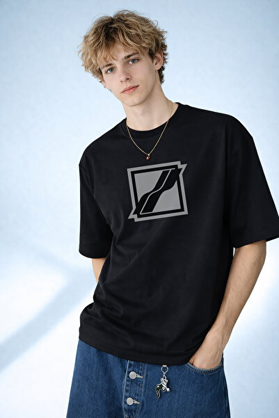 caddekombin Tricou negru pentru bărbați, cu design abstract Fluid Line, cu gâ...