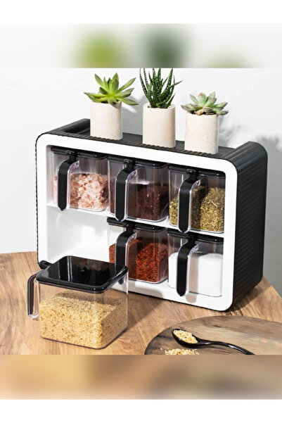 TAPİX 6 Li Spice Jar Set with Stand, Self-Adhesive Lid and Spoon - Black Spic...