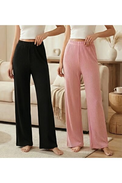Asel 2-Piece Black - Pink Women's Ribbed Comfortable Pants & Sweatpants, Home...