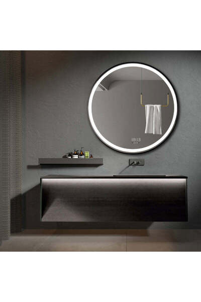 RFAN Oglindă LED 80×80 cm, ramă neagră, senzor de mișcare premium, reglabilă ...