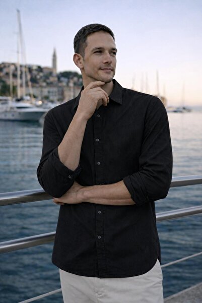 Valiberta Hurley Striped Modal Fabric Relaxed Fit Casual Men's Shirt - Black