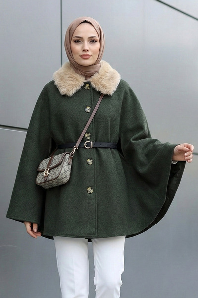 MODAQU Belted Collar Fur Poncho - Khaki