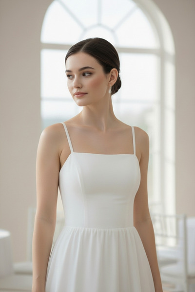 ENDAMIM Askılı Kloş Şifon Nikah Elbisesi Uzun A Kesim Düz Tasarım