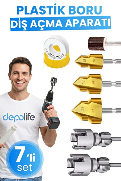 Depolife 7'li PPRC PVC Plastik Su Borusu Diş Açma Havşa Pah Açma Aparatı Zımp...