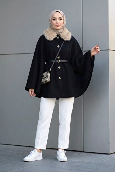 MODAQU Belted Collar Fur Poncho - Black