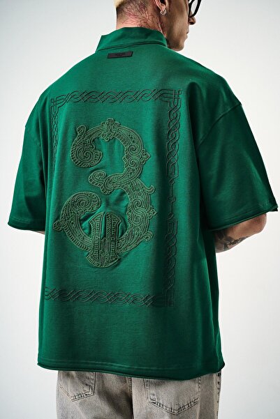 Wonraces Tricou pentru bărbați Nefti, supradimensionat, brodat, cu jumătate d...