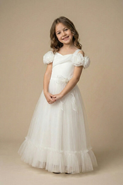 FATELLA Girl's Shoulder Rose Detailed Waist Bow Princess Model White Tulle Dr...