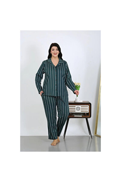 Narnuga Mi̇ray- Women's Plus Size Cotton Pocketed Buttoned Petrol Pajama Set