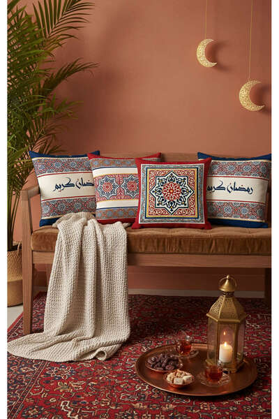 Cango Home Blue Red Motif Ramadan Themed Set of 4 Digital Printed Throw Pillo...