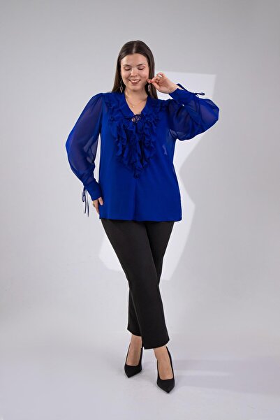 Roxxlen Γυναικεία μπλούζα σιφόν με γιακά και βολάν σε μεγάλο μέγεθος