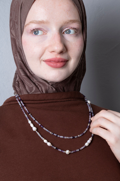 OSMANLI DOĞAL TAŞ Certified Fluorite, Pearl Silver-Plated Natural Stone Neckl...