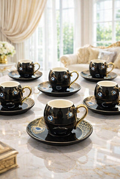 YzHome Acar 6-Person Black Luxury Porcelain Evil Eye Gilded Coffee Cup Set 100ml