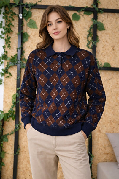 MOONBULL Γυναικείο καρό πουλόβερ με σχέδιο μπακλαβά και κουμπιά στο λαιμό