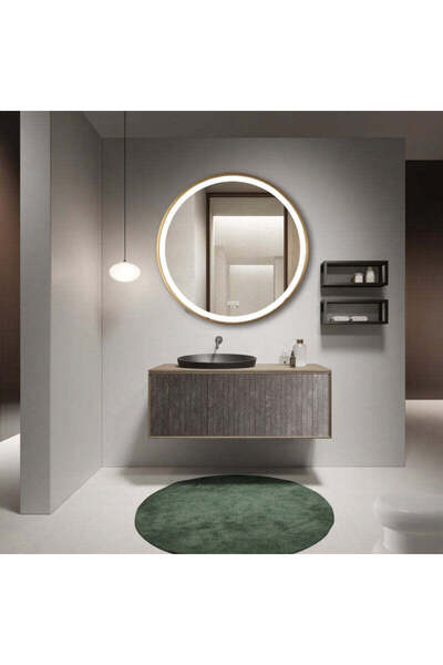 RFAN Oglindă LED 80×80 cm cu ramă aurie, senzor de mișcare, reglabilă intensi...