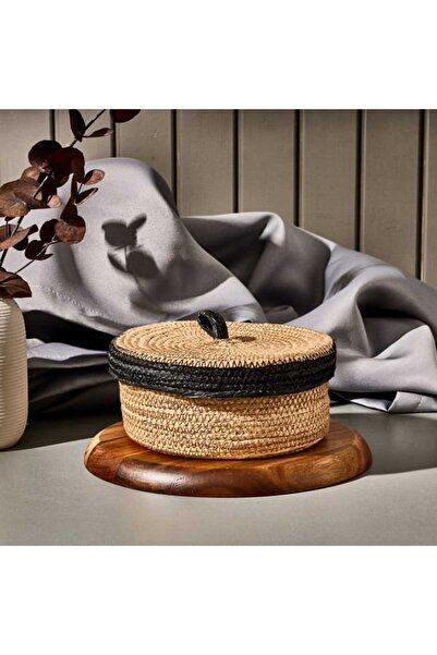 Simple Living Mustard Kapaklı Örgü Sepet - Bej / Siyah - 19x9 cm