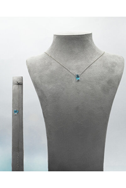 925 Ayar Gümüş Rodyum - Altın Kaplama Yarı Değerli Mavi Topaz Damla Taşlı Set