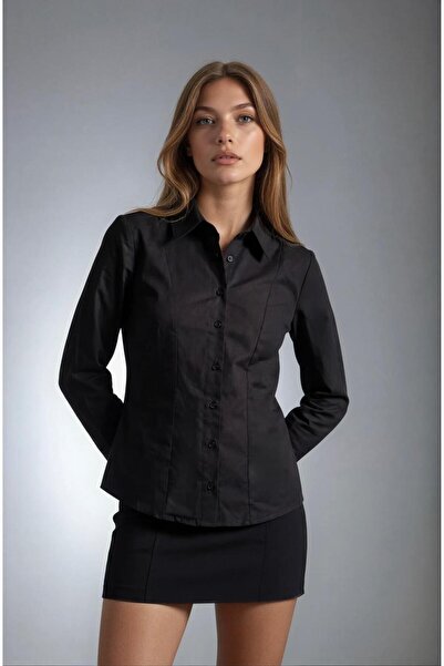 Madmext Siyah Vücuda Oturan Slim Fit Kadın Gömlek MG2659