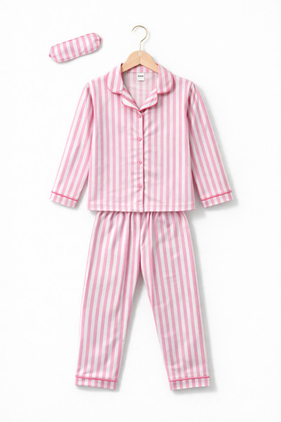 Beka Kids Розова раирана дългоръкавна риза с копчета отпред, комплект пижама ...