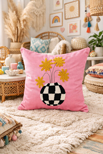 Pilloveland Punch Embroidered Throw Pillow Cover - 43*43 cm - Vase - Pnk001