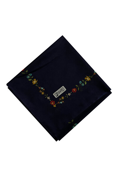 REYYAN İpek Kırmızı Kenar Çiçekli Lacivert Yazma 100 cm