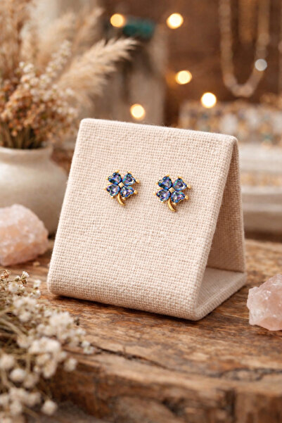 Soleildor 925 ayar Orijinal Gümüş Yonca Gümüş Küpe Mistik Topaz Taşlı