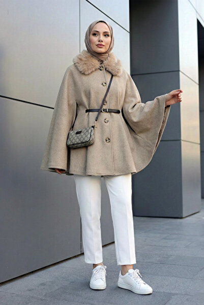 MODAQU Belted Collar Fur Poncho - Mink