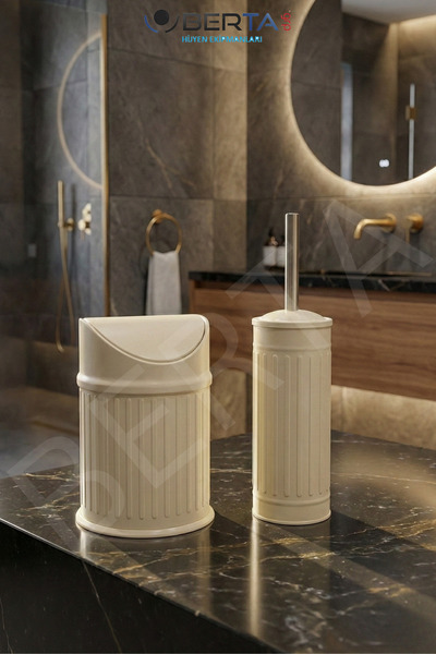 Berta Hijyen Vintage İkili Banyo Seti Pratik Krem Çöp Kovası 3lt Tuvalet Fırçası Lüks Model - Çöp Poşeti Hediye!