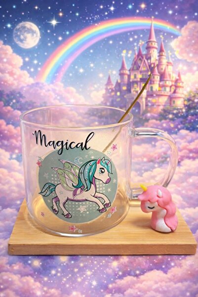 Two Two Unicorn Desenli Şeffaf Cam Kupa –Hediyelik Özel Tasarım Bardak-Kaşıkl...